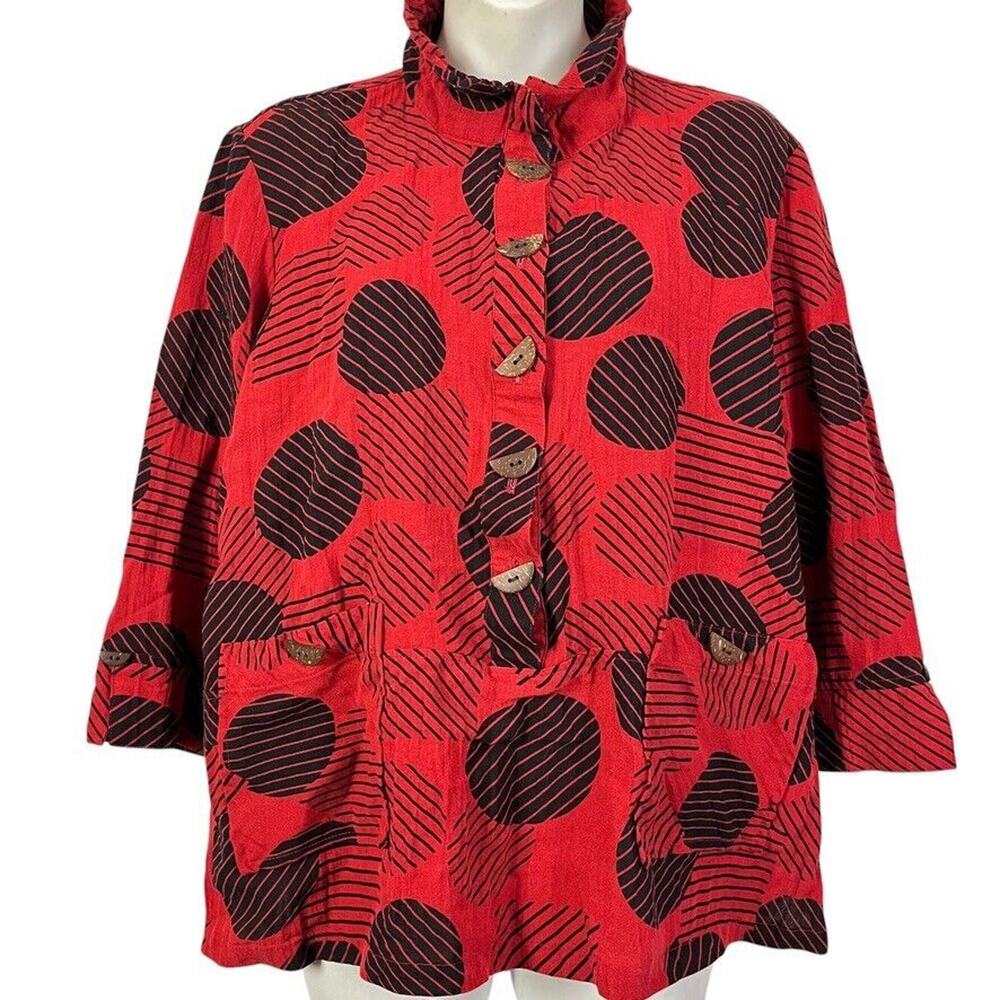 Ali Miles Womens Lagenlook Red Black Wired Collar Oversized Button Up Top sz M